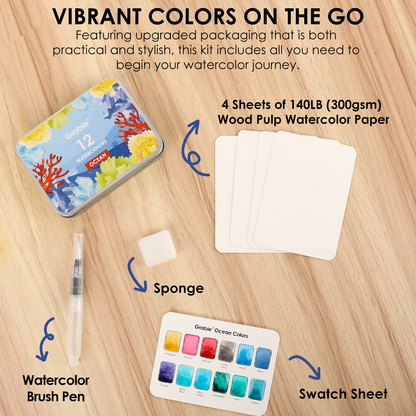Watercolor Pocket Set Of 12 With Brush - Ocean Colors